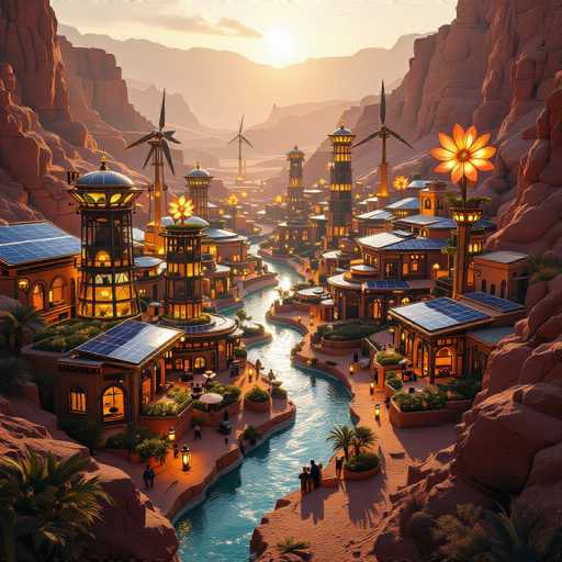 This image depicts a highly detailed, computer-generated scene of a futuristic city nestled within a canyon, surrounded by towering red rock formations. The city is illuminated with a warm, yellow glow, highlighting its unique architecture that blends modern and ancient elements. The buildings, which are predominantly brown with blue roofs, feature numerous solar panels on their rooftops, emphasizing the city's sustainable energy sources. A river meanders through the center of the city, with walkways and bridges connecting the various structures. People can be seen strolling along these paths, enjoying the serene environment. The cityscape is adorned with large, illuminated flowers and palm trees, adding to its otherworldly charm. In the background, a majestic mountain range looms, with the sun either rising or setting, casting a golden light over the entire scene. The overall atmosphere is one of tranquility and advanced technology, seamlessly integrated into the natural landscape.