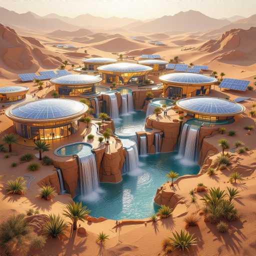 This is a detailed, computer-generated image of a futuristic city set in a vast desert landscape. The city features numerous circular buildings, each with a flat, solar panel-covered roof. These structures are interconnected by a network of canals and waterfalls, creating a serene aquatic environment amidst the arid surroundings. The buildings are predominantly yellow with large glass windows, and they emit a warm, inviting glow from within. Scattered around the city are several palm trees, adding a touch of greenery to the scene. In the background, the desert extends endlessly, with additional circular buildings and solar panels visible. The sky above is a muted gray, casting a soft light over the entire cityscape.