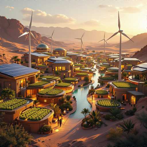 This image depicts a highly detailed, computer-generated rendering of a futuristic city set in a desert landscape. The city features numerous round, one-story buildings with flat roofs, each adorned with lush green gardens and illuminated by warm yellow lights. A serene river meanders through the center of the city, enhancing its tranquil ambiance. Tall wind turbines are strategically placed throughout the cityscape, emphasizing its commitment to renewable energy. The buildings are predominantly brown, blending harmoniously with the surrounding arid environment. In the background, a range of mountains and hills can be seen under a sky dotted with clouds, adding depth to the scene. The overall aesthetic suggests a blend of modern architecture and eco-friendly design, creating a visually captivating vision of a sustainable future.