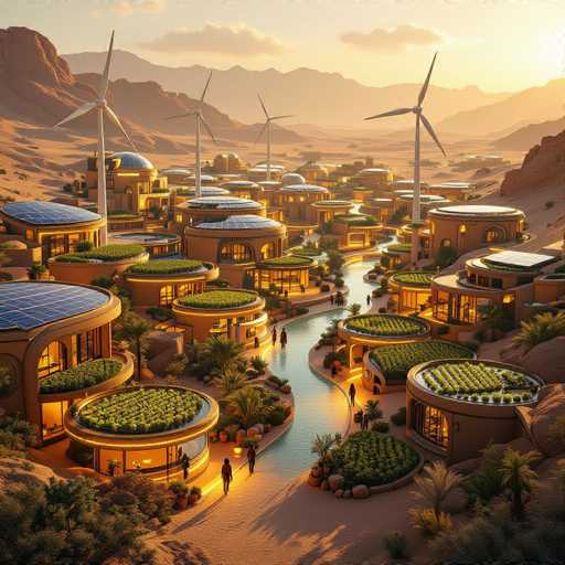 The image depicts a futuristic city set in a vast desert landscape, characterized by its unique architecture and sustainable features. The city consists of numerous circular buildings, each adorned with green roofs that house gardens or small forests, creating a striking contrast against the arid surroundings. These structures are interconnected by a network of walkways and paths, with a prominent river running through the center of the city, adding a touch of life to the otherwise dry environment.

The buildings themselves are predominantly brown, with some featuring solar panels on their rooftops, highlighting the city's commitment to renewable energy. The scene is bathed in the warm, golden light of a setting sun, casting long shadows and enhancing the serene atmosphere. In the background, a range of mountains stretches across the horizon, completing the picturesque setting.

The city appears to be bustling with activity, as numerous people can be seen walking along the paths and bridges that span the river. The overall impression is one of a harmonious blend of advanced urban planning and environmental consciousness, showcasing a possible future where sustainability and innovative design coexist in harmony with nature.