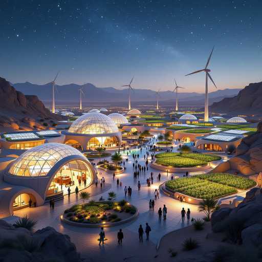 The image depicts a futuristic, computer-generated scene of a desert city at dusk. The sky is a deep blue, dotted with stars, and the sun is setting behind a mountain range in the background. The city features numerous white buildings with glass domes, some of which are illuminated, casting a warm glow. These structures resemble greenhouses or research facilities, with some having open sides and others fully enclosed. The cityscape is interspersed with greenery, including patches of grass and small trees, and illuminated walkways where people are seen strolling. Windmills are visible in the distance, adding to the advanced, eco-friendly atmosphere of the scene. The overall impression is of a highly advanced, sustainable urban environment set against a serene desert landscape.