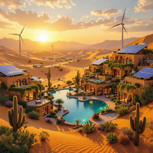 This image depicts a highly detailed, computer-generated scene of a modern, multi-story mansion situated in the middle of a vast desert. The mansion, which appears to be at least three stories tall, is painted in a light brown or tan color and features numerous windows and arches. The roof is adorned with solar panels, and several wind turbines are visible in the background, emphasizing the eco-friendly design of the home.

In the foreground, a large, uniquely shaped swimming pool with bright blue water is surrounded by lush greenery, including cacti, bushes, and small trees. The pool area is well-lit, suggesting that the scene is set during the evening as the sun begins to set. The sky is a mix of blue and yellow hues, with clouds scattered across it, and the sun is positioned low on the horizon, casting a warm glow over the entire landscape.

The desert sand around the mansion is a rich brown color, and the background reveals more sandy terrain with additional buildings, possibly part of a distant town. The overall atmosphere of the image is serene and picturesque, capturing the essence of a luxurious desert retreat.