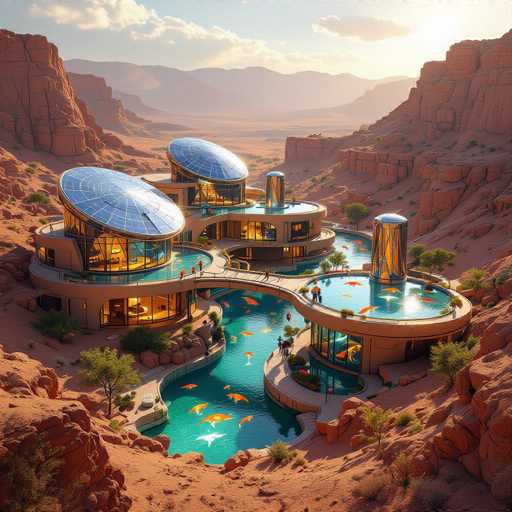 This image depicts a highly detailed, computer-generated rendering of a futuristic house situated in a desert landscape. The house features a distinctive circular design with extensive glass walls, allowing for panoramic views of the surrounding area. The structure is adorned with numerous solar panels, emphasizing its eco-friendly nature. A striking blue dome crowns the house, adding to its modern aesthetic.

The house is surrounded by a unique water feature that resembles a moat, complete with fish swimming in it. This water body is interconnected with various walkways and bridges, creating a network that links the house to different sections of the property. The scene is set against a backdrop of rugged, red rock formations and distant mountains, with the sun casting a warm glow over the entire landscape. The sky is dotted with clouds, enhancing the serene and picturesque atmosphere of this desert oasis.