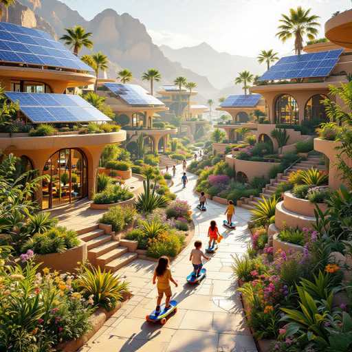 This image depicts a futuristic, computer-generated scene of a vibrant, eco-friendly neighborhood. The houses are uniquely designed with circular and oval shapes, featuring extensive use of solar panels on their roofs. The architecture is modern and eco-conscious, with abundant greenery and colorful plants adorning the surroundings. 

In the foreground, a family of five is seen riding skateboards along a wide, tiled pathway that runs through the center of the image. The children, dressed in colorful attire, are followed by an adult, possibly a mother, who is also on a skateboard. The houses are interconnected by this pathway, which is lined with lush plants and flowers, creating a harmonious blend of nature and technology.

The background reveals a majestic mountain range, adding to the serene and picturesque quality of the scene. The overall atmosphere is one of sustainability and community, with the houses appearing to be made from materials like concrete and glass. The image captures a harmonious balance between futuristic design and environmental consciousness, showcasing a idyllic, green living space.