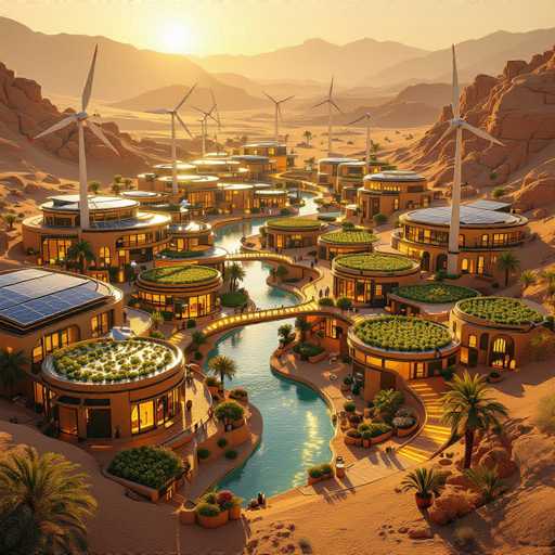This image depicts a highly detailed, computer-generated rendering of a futuristic city set in a desert landscape. The city features numerous circular buildings, each adorned with green roofs and solar panels. These structures are interconnected by a network of walkways and footbridges, creating a harmonious and sustainable urban environment. A river meanders through the center of the city, adding a natural element to the otherwise modern design. The scene is bathed in the warm, golden light of a setting sun, casting long shadows and highlighting the innovative architecture. In the background, a range of mountains frames the horizon, completing this vision of a possible future where environmental sustainability and architectural innovation coexist in harmony.