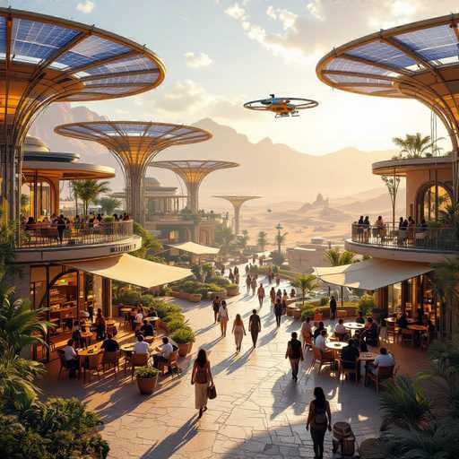 The image depicts a futuristic cityscape set in a desert environment, characterized by a blend of advanced architecture and natural elements. Dominating the scene are tall, tree-like structures with circular tops that resemble canopies, some of which are equipped with solar panels. These structures, possibly serving as homes or businesses, feature multiple levels with people dining and socializing on the balconies. The ground is paved with stone, and the area is bustling with people walking around, enjoying the outdoor ambiance. In the sky, a helicopter hovers, adding to the high-tech atmosphere. The background reveals a mountain range, enhancing the sense of a vast, open desert landscape. The overall scene is bathed in warm, golden light, suggesting either sunrise or sunset, and the color palette includes shades of blue, white, gray, brown, green, yellow, orange, and red. The image appears to be computer-generated, emphasizing its futuristic and idealized nature.