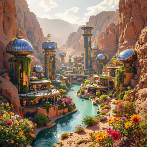 This image depicts a highly detailed, computer-generated scene of a futuristic city nestled within a canyon. The cityscape features numerous tall, cylindrical buildings adorned with blue glass domes at their tops, giving them a distinctive, otherworldly appearance. These structures are interconnected by a network of walkways and balconies, creating a complex and intricate urban environment. A serene river meanders through the center of the city, adding a touch of natural beauty to the otherwise metallic and glass-filled landscape. The surrounding canyon walls are composed of reddish-brown rock, providing a stark contrast to the gleaming buildings. The sky above is a clear blue, dotted with a few white clouds, enhancing the overall sense of tranquility and advanced architectural design.