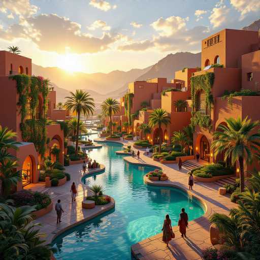 This image depicts a picturesque, computer-generated scene of a tropical resort nestled in a mountainous region. The resort features a series of adobe-style buildings with distinctive terracotta-colored walls and arched doorways, some adorned with green vines. A serene, light blue river meanders through the center of the resort, bordered by stone walkways where numerous people stroll and relax. The buildings are arranged in a U-shape around the river, creating a cozy, enclosed atmosphere. Palm trees and lush greenery are scattered throughout, enhancing the tropical ambiance. In the background, a majestic mountain range rises, with the sun either rising or setting behind it, casting a warm glow over the entire scene. The sky is a clear blue with a few scattered clouds, completing this idyllic and tranquil setting.