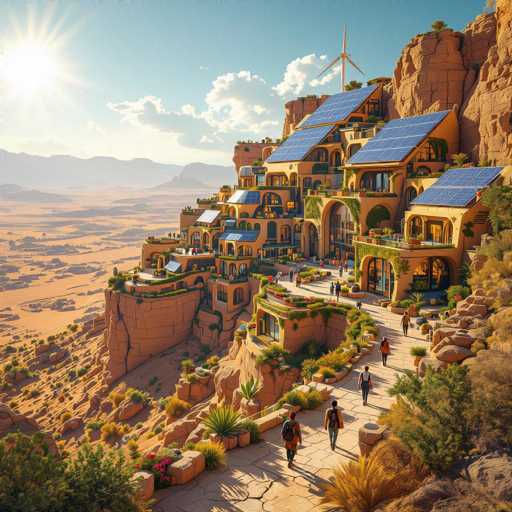 A vibrant, futuristic desert village clings to a towering sandstone cliff. Buildings cascade down the rock face, adorned with lush greenery and solar panels, creating a harmonious blend of nature and technology. People stroll along winding pathways, bathed in warm sunlight under a clear sky with distant mountains. The art style is highly detailed and painterly, emphasizing a sense of serene, sustainable living in an arid landscape.