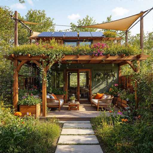This image showcases a charming house with a unique and inviting design. The structure features a wooden deck that extends from the front, creating a cozy outdoor living space. A notable element is the wooden canopy that covers the deck, providing shade and shelter. The canopy is adorned with lush green plants, adding a touch of nature to the space.

The house itself is painted a soothing green color, complementing the natural surroundings. The roof is equipped with solar panels, highlighting the home's commitment to sustainable energy. A wooden fence encloses the property, offering privacy and a sense of security.

The front of the house features a welcoming porch area, furnished with comfortable wicker chairs. These chairs are decorated with vibrant orange and white pillows, creating a warm and inviting atmosphere. A small table between the chairs holds a potted plant, adding to the homey feel.

The ground is covered with a mix of grass and weeds, giving the area a natural, slightly wild appearance. The sky above is a clear blue with a few scattered clouds, completing the picturesque scene. Overall, this house exudes a sense of tranquility and comfort, making it an ideal retreat.