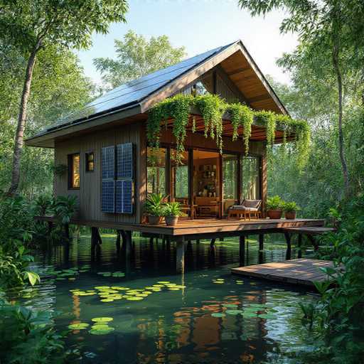 This image depicts a charming, small wooden house situated on a serene lake. The house, which appears to be a cozy one-bedroom structure, features a welcoming front porch adorned with lush greenery, including hanging vines and various plants in pots. The porch is furnished with a couple of chairs, inviting relaxation and enjoying the tranquil surroundings. 

The house is constructed from wood and has a distinctive roof equipped with solar panels, highlighting an eco-friendly touch. The front facade is characterized by large windows that offer expansive views of the lake and the surrounding landscape. 

The lake itself is a picturesque scene, with its dark green waters dotted with vibrant green lily pads. The water's surface is gently rippled, reflecting the sunlight and adding to the overall peaceful ambiance. 

Surrounding the house is a dense forest of tall, green trees, creating a secluded and natural environment. The sky above is a clear, light blue, indicating a beautiful sunny day. The entire setting exudes a sense of tranquility and harmony with nature, making it an idyllic retreat.