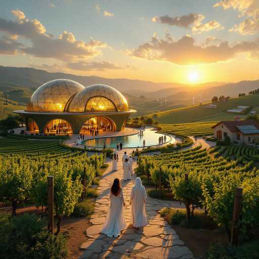The image depicts a serene vineyard at sunset, with rows of grapevines stretching across the landscape. In the foreground, a stone pathway leads towards a large, dome-shaped building that resembles a greenhouse or winery. The structure is illuminated from within, casting a warm glow that contrasts with the cool evening light. Surrounding the building is a circular pool, adding to the tranquil ambiance. People dressed in white robes and head coverings are seen walking along the pathway, contributing to the peaceful atmosphere. The sky is a beautiful blend of blue and orange hues, with the sun setting behind distant mountains, casting a golden light over the entire scene.