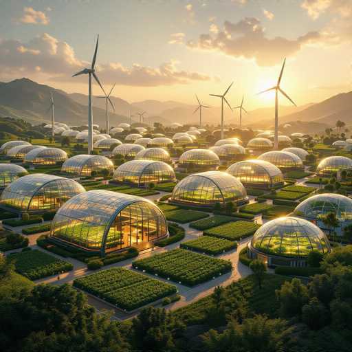 The image depicts a sprawling agricultural facility set against a picturesque backdrop of rolling hills and mountains. The sky is a serene blue with scattered clouds, and the sun is either rising or setting, casting a warm glow over the scene. The facility consists of numerous large, dome-shaped greenhouses, each with a distinctive glass roof and walls, allowing ample sunlight to penetrate. Inside these greenhouses, various crops are thriving, including what appears to be lettuce and other leafy greens. The greenhouses are meticulously organized in neat rows, separated by walkways and paths. Some of the greenhouses are illuminated, suggesting active use, while others remain dark. The entire area is lush with greenery, and the facility is surrounded by trees, enhancing its natural beauty. Tall wind turbines are strategically placed around the facility, indicating a commitment to renewable energy. The overall scene is one of modern agricultural efficiency and environmental harmony.