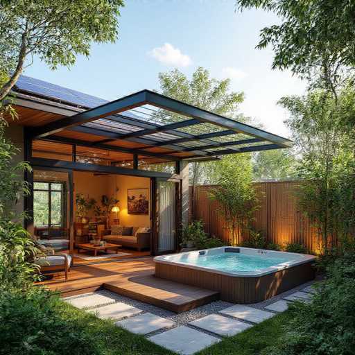 This image captures a serene backyard patio area of a modern house, featuring a large hot tub with a white top and brown wooden sides, filled with light blue water. The hot tub is situated on a raised wooden platform surrounded by white stone tiles and gravel, with lush green grass and bushes in the foreground. A wooden fence with vertical slats encloses the patio, and tall trees with green leaves frame the scene on the left, right, and in the background. The house itself boasts a flat roof with solar panels and large glass sliding doors that open up to the patio. The interior visible through the doors reveals a cozy living room with a brown couch, a coffee table, and a painting on the wall. The sky above is a clear blue with a few white clouds, adding to the tranquil atmosphere of this outdoor space.