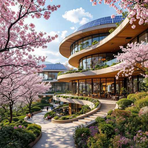 The image depicts a stunning, modern three-story building with a unique architectural design. The structure features a distinctive curved shape, with the front facade curving gracefully to the right. The building's exterior is adorned with numerous windows, allowing ample natural light to flood the interior spaces.

The ground floor appears to house a restaurant or dining area, as evidenced by the tables and chairs visible through the large windows. The second floor is primarily composed of glass, offering panoramic views of the surrounding landscape. The top floor is distinguished by a curved roof covered in solar panels, highlighting the building's commitment to sustainable energy.

Surrounding the building is a beautifully landscaped garden, featuring lush green grass, vibrant flowers, and several trees, including some with striking pink blossoms. A winding pathway leads up to the building, where people can be seen strolling and enjoying the serene environment.

The sky above is a clear blue with a few scattered clouds, adding to the picturesque setting. The overall scene exudes a sense of tranquility and harmony between modern architecture and nature, making it a truly captivating sight.