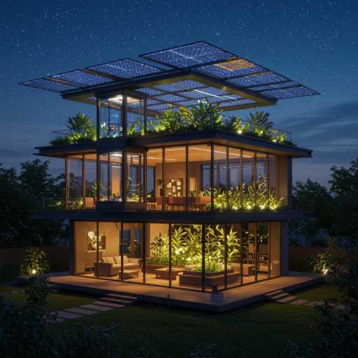 This image depicts a modern, two-story house with a strikingly transparent design, featuring extensive glass walls that offer a clear view of the interior. The house is set against a backdrop of a starry night sky, with a few clouds lingering on the horizon. The structure is surrounded by lush greenery, including trees and bushes, and is bordered by a wooden fence. The house's roof is adorned with solar panels, and the top floor boasts a balcony filled with an array of plants. The lower level features a cozy living room with a couch, a coffee table, and a TV, while the upper level houses a dining room with a table and chairs. Both levels are illuminated by warm, inviting lights, enhancing the home's modern and eco-friendly aesthetic.