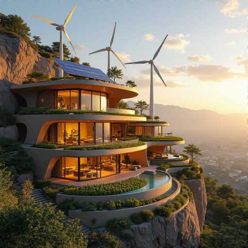 This image showcases a stunning, modern three-story house perched on the edge of a cliff, overlooking a distant cityscape. The house features a sleek, contemporary design with expansive floor-to-ceiling windows that offer panoramic views of the surrounding landscape. The exterior is adorned with lush greenery, including numerous plants and trees, which enhance the natural beauty of the setting.

On the roof, there are three wind turbines and a solar panel array, highlighting the house's commitment to sustainable energy. The top floor boasts a spacious balcony with a seating area, perfect for relaxation and enjoying the scenery. The middle floor has a cozy living room with comfortable seating arrangements, while the ground floor appears to house a dining area and possibly a kitchen.

A striking feature of the house is its large, uniquely shaped swimming pool that extends from the main structure. The pool's design is reminiscent of a shoe, with a rounded front and a flat back, adding to the overall architectural intrigue. The water in the pool is a vibrant blue, creating a beautiful contrast against the natural surroundings.

The sky above is a clear blue with a few scattered clouds, and the sun is setting, casting a warm, golden glow over the entire scene. This picturesque setting, combined with the house's modern amenities and eco-friendly features, makes it a truly remarkable and desirable residence.