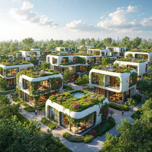 This image showcases a collection of futuristic, white, two-story houses with a unique, rounded architectural design. Each house features a distinctive, curved front that adds to their modern aesthetic. The rooftops are adorned with lush greenery, including grass, flowers, and various plants, creating a striking contrast against the white exterior. The second-story balconies are also decorated with vibrant flowers, enhancing the eco-friendly appearance of the homes. The windows are large and clear, offering a glimpse into the interior, which appears to be furnished with wooden tables and chairs. The houses are set against a backdrop of a clear blue sky with scattered clouds, and a distant city skyline can be seen in the background. The surrounding area is lush with trees and bushes, and a gray sidewalk runs in front of the houses, adding to the serene and well-maintained environment.