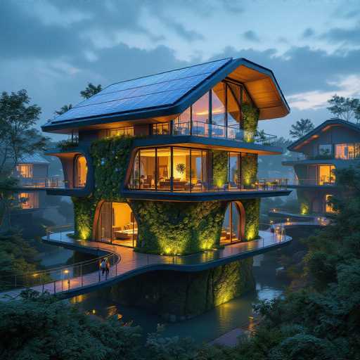 This image showcases a stunning, modern house situated on a small island surrounded by water. The house features a unique design with a large, green moss-covered base that extends from the ground to the second floor. The structure is illuminated by warm yellow lights, highlighting its architectural details. 

The house boasts expansive glass windows and sliding doors on the second floor, offering panoramic views of the surrounding landscape. The roof is adorned with solar panels, emphasizing the home's eco-friendly design. A curved wooden walkway leads up to the house, adding to its charm and accessibility.

In the background, similar houses can be seen, each with their own green bases, suggesting a cohesive community or development. The sky is overcast with gray clouds, creating a serene and slightly moody atmosphere. Trees are visible in the bottom right corner of the image, adding to the natural beauty of the scene.

Overall, this image captures a harmonious blend of modern architecture and nature, showcasing an innovative approach to sustainable living.