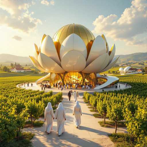 The image depicts a strikingly futuristic building that resembles a giant, golden flower with white petals. The structure features a large, dome-like top with a grid pattern, and its petals are adorned with yellow accents. The building is situated in the middle of a lush, green field, with rows of trees or crops surrounding it. A wide, white concrete walkway leads up to the building, where numerous people are seen entering and exiting. Some individuals are dressed in white robes with head coverings, while others are in business attire. The sky above is a clear blue with scattered white clouds, and the sun casts a warm glow over the entire scene. In the background, there are additional buildings, including one with a red roof and white walls, and another dome-like structure. The overall atmosphere is serene and sunny, with the futuristic building standing as a prominent centerpiece in the natural landscape.