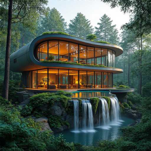 This image showcases a stunning, futuristic house nestled in a lush forest setting. The structure features a sleek, modern design with a predominantly glass exterior that allows for expansive views of the surrounding nature. The house has two levels, each with large windows that seamlessly blend the indoor and outdoor spaces.

The ground floor appears to house a spacious living area, while the upper level might be used as a bedroom or study. Both levels are adorned with greenery, including plants on the balconies and rooftop, contributing to the eco-friendly aesthetic of the home.

In front of the house, there's a beautifully landscaped area with a small waterfall cascading into a serene pool, creating a tranquil atmosphere. The pool area is surrounded by rocks and additional vegetation, enhancing the natural beauty of the setting.

The sky is clear and blue, indicating a perfect sunny day. The overall scene exudes a sense of tranquility and harmony between modern architecture and nature, making it an ideal retreat for those seeking a unique and peaceful living experience.
