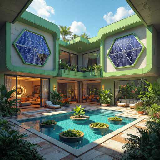 This image showcases a stunning, modern two-story house with a unique architectural design. The exterior features a vibrant lime green trim that accentuates the clean lines and sharp edges of the structure. The house boasts expansive glass windows and sliding doors that seamlessly blend the indoor and outdoor spaces.

The backyard is a lush oasis, dominated by a large rectangular swimming pool. The pool is adorned with four circular planters, each containing a small tree, adding a touch of nature to the aquatic setting. Surrounding the pool is a tiled patio area, perfect for lounging and relaxation.

The house's second floor includes a balcony that overlooks the backyard, creating a sense of openness and continuity. The interior visible through the glass windows exudes a warm, inviting atmosphere with a color scheme of light brown, orange, and white. The decor is modern and stylish, featuring comfortable seating arrangements and stylish lighting fixtures.

The sky above is a clear blue with a few scattered clouds, enhancing the overall serene and picturesque ambiance of this luxurious home.