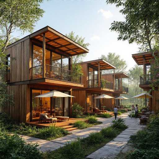 The image depicts a serene outdoor setting featuring a row of modern, two-story wooden houses. Each house is constructed from dark brown wood and boasts expansive glass windows and sliding doors that open onto wooden balconies. The balconies are adorned with white umbrellas and potted plants, adding a touch of elegance to the rustic charm. The houses are set amidst lush greenery, with trees and bushes framing the scene on both sides. A stone walkway runs between the houses, leading to a small grassy area in front of each home. The sky above is a clear blue with a few scattered clouds, and the sunlight casts a warm glow over the entire scene. In the foreground, a person dressed in a white shirt and blue jeans is seen walking towards the camera, while another individual stands on the balcony of the second house, gazing out. The overall ambiance is one of tranquility and modern simplicity, with the natural elements harmoniously blending with the contemporary architecture.