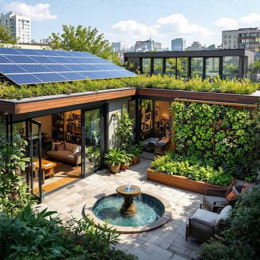 This image showcases a modern, eco-friendly home with a striking blend of contemporary architecture and natural elements. The house features a flat roof adorned with solar panels, emphasizing its commitment to sustainable living. A lush green roof extends over the structure, providing a vibrant contrast to the sleek design.

The backyard is a verdant oasis, filled with an abundance of plants and trees that create a serene atmosphere. A charming water fountain serves as the centerpiece of the patio, surrounded by comfortable seating arrangements perfect for relaxation or entertaining guests. The house itself boasts large glass windows and sliding doors, allowing for ample natural light and seamless indoor-outdoor living.

Inside, the home exudes warmth and sophistication with its wooden floors and tasteful furnishings. A cozy couch, a well-stocked bookshelf, and a stylish table with a chair contribute to the inviting ambiance. The interior is decorated with various plants, enhancing the natural feel of the space.

In the background, the skyline is dotted with tall buildings, suggesting that this eco-conscious home is situated in a bustling urban environment. The juxtaposition of the green, nature-filled backyard against the cityscape creates a harmonious balance between urban living and environmental consciousness.