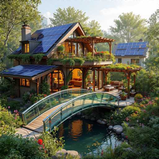 This image showcases a stunning, modern two-story house nestled in a lush, green forest. The house features a distinctive triangular roof adorned with numerous blue solar panels, indicating its eco-friendly design. A charming wooden bridge with a glass railing spans a small pond in the front yard, adding to the picturesque setting. The house boasts a spacious wraparound porch on the second floor, complete with a wooden railing and an array of potted plants. The interior is visible through large windows, revealing a cozy living room with a fireplace and a comfortable seating area. The second floor also includes a bedroom with a large window, offering a view of the surrounding trees. The house is surrounded by vibrant greenery, with trees and bushes creating a serene, natural ambiance.