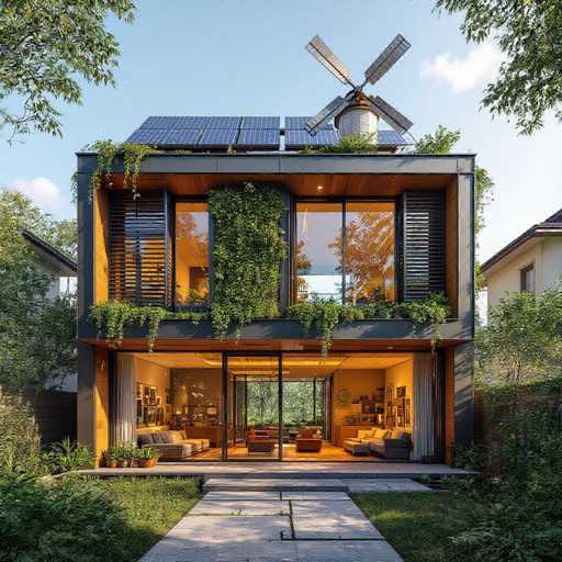 This image showcases a modern, two-story house with a striking design. The exterior is predominantly gray, featuring a flat roof adorned with solar panels and a small windmill. The house is surrounded by lush greenery, including trees, bushes, and well-maintained grass, creating a serene and inviting atmosphere.

The front of the house boasts large glass windows and sliding doors, allowing ample natural light to flood the interior. Inside, the space is tastefully decorated with a mix of brown and gray furniture, including couches, chairs, and tables. The walls are adorned with various pictures and paintings, adding a personal touch to the home.

The second floor has three windows with brown shutters, and a balcony that is beautifully decorated with hanging plants. The interior visible through the glass appears warm and cozy, with a yellowish glow from the lighting.

A stone walkway leads up to the house, enhancing its modern aesthetic. The sky is clear and blue with a few scattered clouds, indicating a pleasant day. Overall, this house combines contemporary architecture with natural elements, creating an appealing and harmonious living space.
