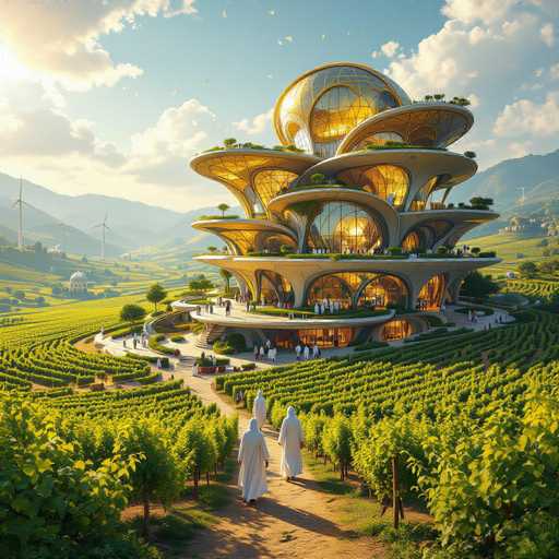 The image depicts a highly detailed, futuristic architectural rendering of a multi-tiered building set in a lush, green field. The structure, reminiscent of a space station, features several spherical and oval-shaped levels, each adorned with glass windows and illuminated by a warm yellow light. The building's design includes numerous balconies and terraces, some of which are occupied by people, while others serve as garden spaces with trees and plants. The ground level is bustling with activity, as people in white robes walk along dirt paths that weave through the verdant landscape. Surrounding the building are neatly arranged rows of trees, possibly grapevines, and a few wind turbines can be seen in the distance. The sky above is a clear blue with scattered white clouds, and the sun shines brightly from the top left corner, casting a warm glow over the entire scene.