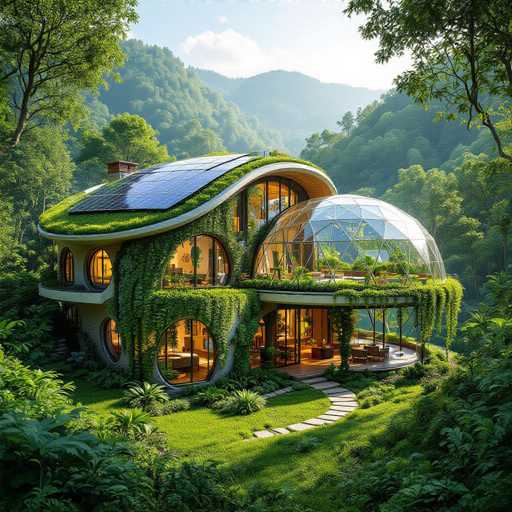 This image showcases a stunningly unique house nestled in a lush, green forest. The structure features a distinctive dome-shaped roof covered in vibrant green grass, complete with a chimney. The house is adorned with numerous large, circular windows that offer glimpses into its modern, well-lit interior. A striking glass dome extends from the main structure, adding to its architectural charm. The exterior is beautifully complemented by a stone walkway leading to the entrance, surrounded by meticulously maintained green grass and various plants. The backdrop reveals a serene blue sky dotted with white clouds and majestic mountains, enhancing the picturesque setting. The overall scene exudes tranquility and harmony with nature, making it a truly captivating sight.