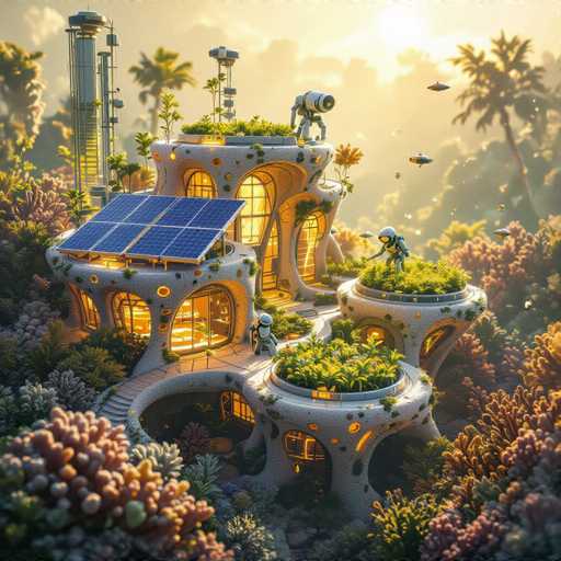 This image is a highly detailed, computer-generated 3D rendering of a futuristic, multi-level house situated in a lush, alien-like environment. The house, constructed from a gray stone-like material, features numerous large, arched windows that emit a warm, yellow light, suggesting a cozy interior. The structure is adorned with several solar panels on the roof, emphasizing its eco-friendly design. 

Surrounding the house are vibrant, otherworldly plants and flowers in shades of pink, purple, and green, adding to the surreal atmosphere. The scene is further animated by the presence of small, humanoid robots with white bodies and blue accents, some of which are tending to the plants or exploring the area. 

In the background, a bright yellow sky casts a warm glow over the entire scene, while flying saucers hover in the distance, enhancing the sci-fi ambiance. The overall composition is rich in detail, blending elements of advanced technology with a serene, almost tropical setting.