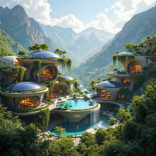 The image depicts a stunning, futuristic city nestled within a lush valley surrounded by towering mountains. The sky is a clear blue, dotted with fluffy white clouds, adding to the serene atmosphere. At the heart of the city, a large, circular swimming pool with crystal-clear blue water serves as the centerpiece. The pool is adorned with palm trees and features a unique design where water cascades down into a second, larger pool below. 

In the second pool, two individuals are seen swimming, while another person is relaxing on a chair at the edge of the upper pool. The cityscape is composed of numerous buildings with distinctive dome-shaped roofs, some of which are transparent, allowing a glimpse of the lush greenery and trees on top. The buildings themselves are a blend of white and brown hues, with many featuring large, circular windows that offer panoramic views of the surrounding landscape.

The entire scene exudes a sense of tranquility and harmony, with the harmonious blend of natural elements and futuristic architecture creating a captivating visual experience.