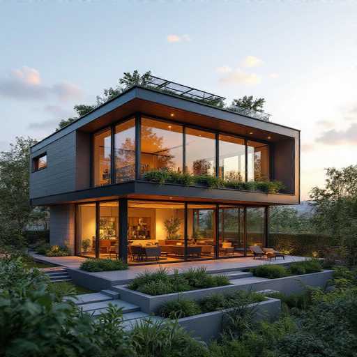 This image showcases a modern, two-story house with a strikingly contemporary design. The exterior is clad in sleek gray siding, complemented by expansive glass windows that offer a glimpse into the interior. The house features a flat roof adorned with a lush green roof garden, complete with trees and a skylight, adding an eco-friendly touch to the structure.

The ground floor is illuminated by warm yellow lights, highlighting the inviting interior. A spacious living room with a large table and comfortable seating is visible, along with a kitchen area equipped with a refrigerator and other appliances. The second floor continues the open, airy theme with more glass windows and additional seating areas.

The house is surrounded by a well-maintained front yard, featuring a stone patio with a gray table and chairs, perfect for outdoor relaxation. The landscaping is meticulously designed, with green bushes and plants arranged in rectangular planters, enhancing the overall aesthetic. The sky above is a clear blue with a few scattered clouds, and the scene is framed by trees on both sides, creating a serene and picturesque setting.