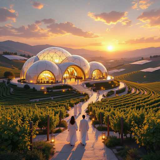 The image depicts a futuristic, dome-shaped building with a unique architectural design, resembling interconnected bubbles or pods. The structure is predominantly white with a glass exterior, allowing a clear view of the illuminated interior. It features a large central dome flanked by two smaller domes on either side, all interconnected by a circular walkway. The building is set on a circular platform with steps leading up to it, surrounded by a lush, green field of crops. In the foreground, a couple dressed in white robes walks along a pathway lined with small lanterns, while other people in similar attire are seen approaching the building. The sky above is a vibrant mix of blue and orange hues, with the sun setting behind distant mountains, casting a warm glow over the entire scene. The overall atmosphere suggests a serene, possibly religious or ceremonial setting, enhanced by the futuristic architecture and the natural beauty of the surroundings.