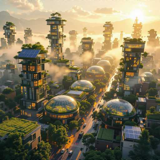 This image depicts a highly detailed, computer-generated cityscape that exudes a futuristic and eco-friendly aesthetic. The scene is set during the early morning or late evening, with the sun casting a warm, yellowish-orange glow over the city. The sky is a light blue, adorned with clouds, and the distant mountains add depth to the background.

The city itself is a marvel of sustainable architecture, featuring numerous skyscrapers and buildings that are integrated with nature. Many of the structures have green roofs, solar panels, and rooftop gardens, emphasizing an eco-conscious design. The streets are lined with trees, and the presence of fog adds a mystical quality to the scene.

A prominent feature of the cityscape is a road running through the middle, populated with cars, highlighting the blend of advanced technology and everyday life. The overall color palette includes shades of blue, white, gray, green, yellow, orange, and brown, contributing to the vibrant yet harmonious appearance of this futuristic urban environment.