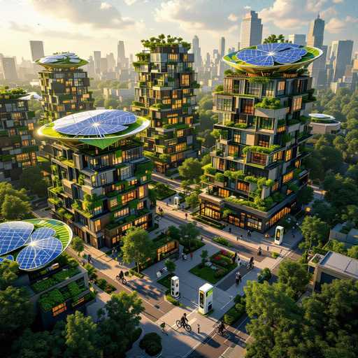 This image depicts a highly detailed, futuristic cityscape with towering skyscrapers that blend modern architecture with abundant greenery. The buildings are adorned with lush plants on every level, creating a vibrant, nature-infused urban environment. Each skyscraper features unique designs, including some with large, flower-like solar panels on their rooftops, adding to the eco-friendly aesthetic. The streets below are bustling with activity, as people ride bicycles and walk along wide sidewalks lined with trees. The sky above is a clear blue with scattered clouds, enhancing the serene yet dynamic atmosphere of this advanced city. The overall scene suggests a harmonious integration of technology and nature, indicative of a possible future where environmental sustainability is paramount.