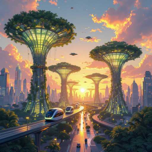 This image depicts a highly detailed, futuristic cityscape at sunset. The sky is a blend of blue and pink hues, with clouds tinged in pink and yellow, and the sun setting in the background. Dominating the scene are several towering structures that resemble tree trunks, each adorned with lush green foliage at the top. These structures are illuminated from within, casting a warm yellow glow that highlights their intricate designs. 

In the foreground, a bustling city street is visible, with a mix of cars and a futuristic monorail or bus system gliding along elevated tracks. The street is lined with streetlights, adding to the urban ambiance. To the left and right of the image, tall skyscrapers frame the scene, enhancing the sense of a densely populated, advanced metropolis. 

Adding to the futuristic feel, several flying vehicles hover in the sky, resembling flying saucers or drones. The overall atmosphere is one of a thriving, technologically advanced city seamlessly integrated with nature, as evidenced by the abundant greenery and the harmonious blend of natural and man-made elements.
