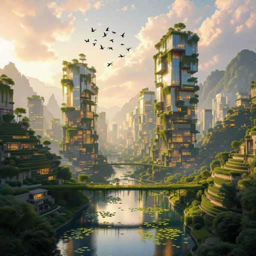 This image depicts a highly detailed, computer-generated cityscape that blends futuristic architecture with abundant greenery. The scene features numerous skyscrapers, some of which are stacked on top of each other, creating a complex urban landscape. These buildings are adorned with lush vegetation, including trees, bushes, and moss, which thrive on their surfaces and even from the water below. The city is bisected by a serene river, dotted with lily pads, and crossed by several bridges. The sky above is a light blue, filled with fluffy white clouds and a flock of black birds flying in a V formation. The overall atmosphere is one of harmonious coexistence between nature and urban development, with the greenery seamlessly integrated into the city's design.