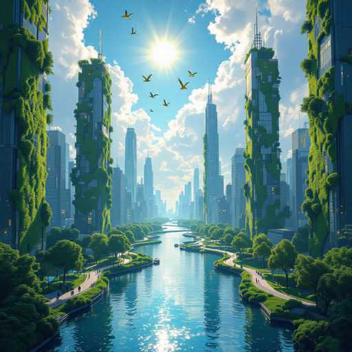 This image depicts a stunning, futuristic cityscape that blends urban development with nature in a harmonious way. Towering skyscrapers, adorned with lush greenery and vibrant moss, rise majestically against a backdrop of a clear blue sky dotted with fluffy white clouds. The sun shines brightly, casting a warm glow over the entire scene. Birds soar gracefully through the air, adding to the serene atmosphere.

A wide river meanders through the heart of the city, creating a picturesque waterway that is lined with winding paths. These paths are bustling with people strolling and enjoying the scenic surroundings. The water is dotted with boats, enhancing the lively yet tranquil ambiance of the city. Lush trees and grassy areas flourish along the riverbanks, providing a refreshing contrast to the sleek, modern architecture of the buildings.

The overall scene exudes a sense of peace and balance, showcasing a possible future where nature and urban life coexist in perfect harmony. The image is a captivating blend of futuristic design and natural beauty, inviting viewers to imagine a world where environmental preservation and technological advancement go hand in hand.
