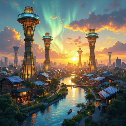 This image depicts a vibrant, futuristic cityscape at sunset. The sky is a stunning blend of blue, orange, and yellow hues, with the sun setting behind a row of tall buildings. The city features a mix of towering skyscrapers and uniquely designed structures, including five prominent, slender towers that taper towards the top and are adorned with blue lights and yellow illumination. These towers, resembling space-age architecture, stand out against the backdrop of smaller buildings and homes with solar panels on their roofs. A river runs through the center of the city, dotted with a few boats and crossed by several bridges. The scene is further enriched by patches of green grass and trees, adding a touch of nature to this advanced urban environment. The overall atmosphere is one of serene beauty and technological progress, captured in a moment of tranquil twilight.