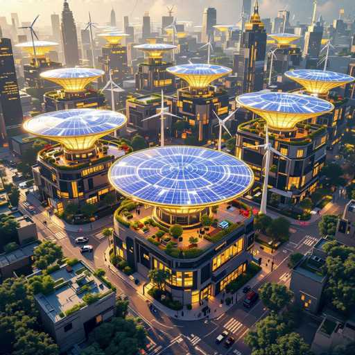 This image depicts a highly detailed, computer-generated cityscape featuring a futuristic urban environment. The city is characterized by numerous skyscrapers and high-rise buildings, each adorned with large, circular solar panels on their rooftops. These panels are illuminated with a yellow light, adding a warm glow to the scene. The buildings themselves are primarily black and gray, with some displaying yellow lights from within. 

The streets below are lined with trees and dotted with parked cars, including a noticeable red car and a black car. The roads are marked with white lines, and there are people walking along the sidewalks. The sky above is a light gray, filled with clouds, enhancing the overall ambiance of the scene. 

Additionally, the cityscape includes tall white wind turbines, further emphasizing its commitment to renewable energy. The entire image has a slightly cartoonish, yet highly detailed appearance, suggesting it was created using advanced computer graphics. The overall impression is of a bustling, eco-friendly metropolis with an emphasis on sustainable energy solutions.