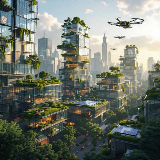 This image depicts a highly detailed, futuristic cityscape that appears to be AI-generated. The scene is set during the day, with a light blue sky adorned with white clouds. Dominating the foreground are several towering skyscrapers, each featuring unique architectural elements. One skyscraper stands out with its square shape and flat roof, while another is characterized by a series of stacked squares, each adorned with greenery and trees on top. A third skyscraper is notable for its numerous balconies, each covered in lush vegetation.

In the background, additional skyscrapers can be seen, some of which have pointed tops. The streets below are lined with trees and dotted with a few cars, adding to the urban yet green atmosphere. The overall aesthetic is reminiscent of a scene from a video game, with its blend of modern architecture and abundant nature.