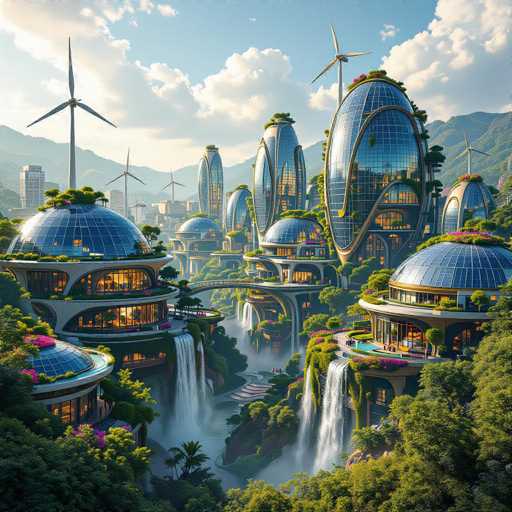 This image depicts a highly detailed, computer-generated scene of a futuristic city nestled within a lush, mountainous landscape. The cityscape features numerous tall, glass buildings with rounded, dome-like tops, some of which are adorned with greenery and vibrant flowers. These structures are interconnected by elevated walkways and bridges, creating a complex network above the ground. The city is surrounded by verdant trees and palm trees, adding to its serene ambiance. In the background, wind turbines rise against a backdrop of blue sky and fluffy white clouds, emphasizing the city's commitment to renewable energy. A river meanders through the center of the city, with waterfalls cascading down the sides of buildings, enhancing the harmonious blend of nature and advanced architecture. The overall aesthetic is reminiscent of a scene from a video game, with its vivid colors and intricate design.
