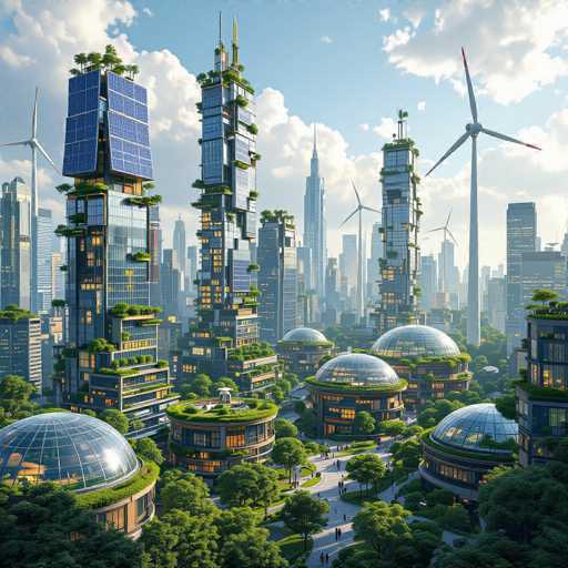 This image depicts a highly detailed, futuristic cityscape that appears to be AI-generated. The scene is set against a backdrop of a clear blue sky dotted with fluffy white clouds. Dominating the skyline are numerous skyscrapers, some of which are adorned with greenery and solar panels, emphasizing the city's commitment to sustainability. The buildings are interconnected by a network of roads and walkways, where tiny figures can be seen strolling, adding a sense of scale and liveliness to the scene.

In the foreground, several large, transparent glass domes with green roofs stand out, likely serving as advanced research facilities or unique architectural landmarks. The city's blend of modern architecture and abundant green spaces creates a harmonious balance, suggesting a forward-thinking approach to urban planning. The overall aesthetic is reminiscent of a scene from a science fiction movie, with its sleek, futuristic design and eco-friendly initiatives.