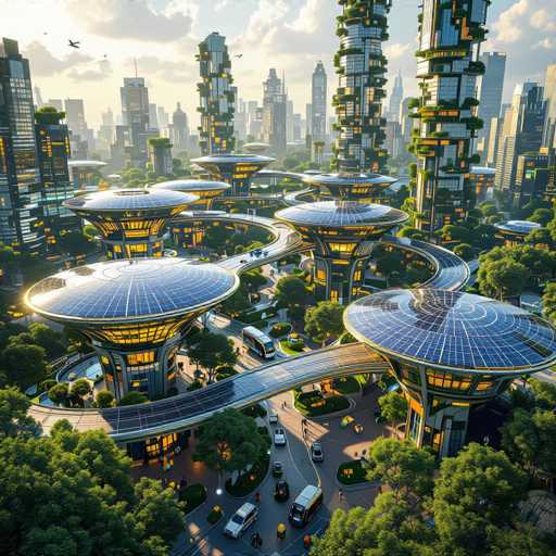 This image depicts a highly detailed, futuristic cityscape that appears to be AI-generated. The scene is set during the day, with a sky filled with clouds and birds. Dominating the foreground are several tall, slender buildings with unique, circular, UFO-like tops that feature solar panels and greenery. These structures are interconnected by elevated walkways and monorails, creating a complex network of transportation. The city is bustling with activity, as numerous cars and buses navigate the streets below, while people stroll along the sidewalks. The overall aesthetic is reminiscent of a sci-fi setting, with a blend of advanced architecture and abundant greenery, suggesting a harmonious balance between urban development and nature.
