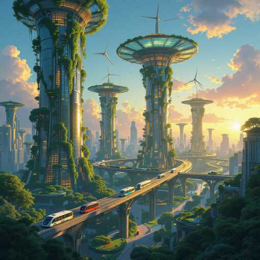 This image depicts a highly detailed, futuristic cityscape that appears to be AI-generated. The scene is set against a backdrop of a blue sky with pink and yellow clouds, suggesting either a sunrise or sunset. Dominating the skyline are several towering skyscrapers, each adorned with unique architectural features. Some of these structures have flat tops, while others sport circular or oval-shaped roofs that resemble flying saucers. Interspersed among these skyscrapers are wind turbines, adding to the city's sustainable energy sources.

The buildings themselves are a mix of glass facades and illuminated windows, with some sections covered in green moss or vines, blending nature with urban architecture. The city's infrastructure includes elevated highways and bridges, some of which are occupied by various vehicles, including what appear to be electric or self-driving cars and buses. These roads wind through the city, connecting different parts seamlessly.

In the foreground, there are patches of greenery with trees and grassy areas, providing a stark contrast to the metallic and glass structures. The overall impression is of a highly advanced, eco-friendly metropolis that seamlessly integrates technology and nature.