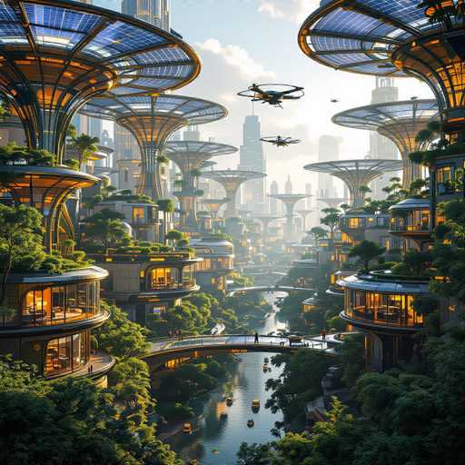 This image depicts a highly detailed, futuristic cityscape that appears to be AI-generated. The scene is set in a vertical rectangular frame, showcasing a vibrant and advanced urban environment. Dominating the foreground are numerous tall, cylindrical buildings with glass facades, some of which feature greenery on their rooftops. These structures are interconnected by a network of elevated walkways and bridges, creating a complex and intricate urban landscape.

A river runs through the center of the city, with yellow boats navigating its waters, adding a touch of color and movement to the scene. The sky above is a light blue, dotted with white clouds, providing a serene backdrop to the bustling city below. In the distance, additional skyscrapers rise, hinting at the vastness of this futuristic metropolis.

Adding to the advanced atmosphere, several large drones or flying vehicles can be seen hovering in the sky, suggesting a high-tech mode of transportation. The overall aesthetic is reminiscent of a science fiction setting, blending advanced architecture with natural elements like trees and water in a harmonious and visually striking manner.