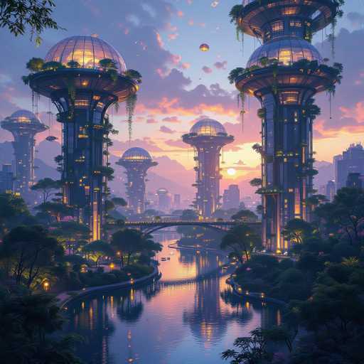 This image depicts a highly detailed, computer-generated futuristic cityscape at dusk. The scene features a serene river running through the center, flanked by lush greenery and trees on both sides. A bridge spans the river, connecting the two sides of the city. The skyline is dominated by towering skyscrapers, each with a unique design: a cylindrical base that transitions into a dome-shaped top, resembling a glass globe. These domes are illuminated from within, casting a warm glow that contrasts with the encroaching twilight. The sky is a blend of blue and pink hues, with clouds adding depth to the scene. In the distance, the sun is setting, casting a soft light over the entire landscape. The overall atmosphere is one of tranquility and advanced urban architecture, with no visible people, animals, or motorized vehicles, emphasizing the peaceful yet futuristic nature of the city.